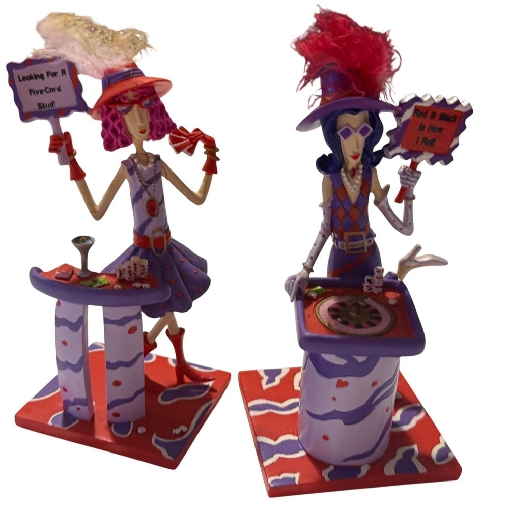 Whimsical Casino Lady Figurines Set Poker Roulette Vegas Decor Purple Red 2pc